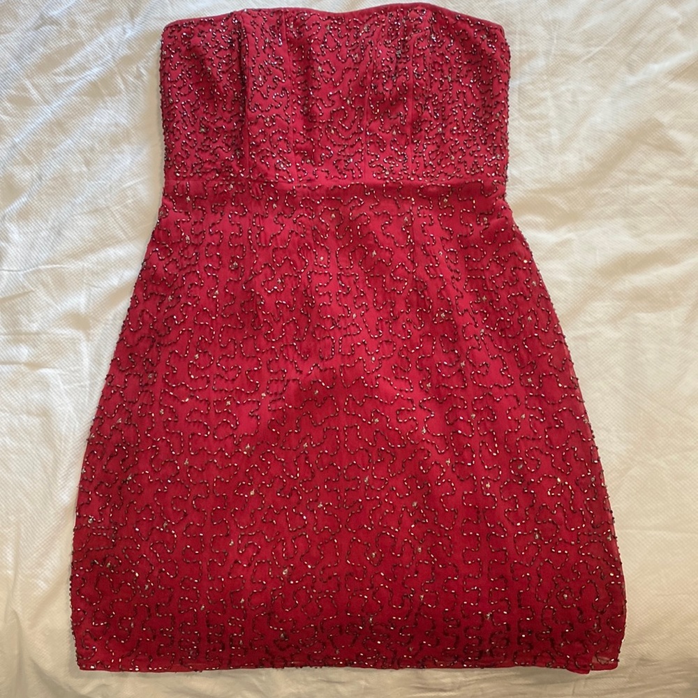 Red strapless Indian silk dress with hand beading.